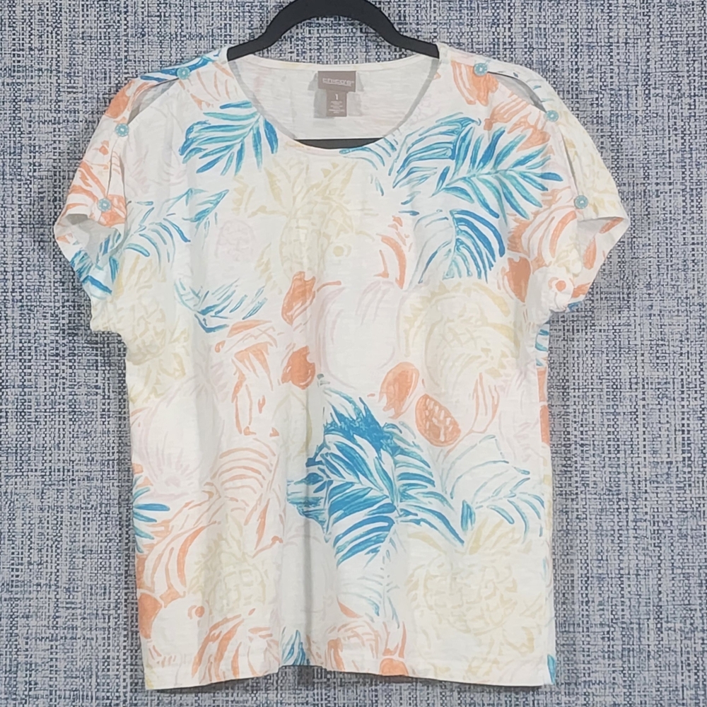 Chico's Tropical Print Short Sleeve Tee - Blue and Orange
